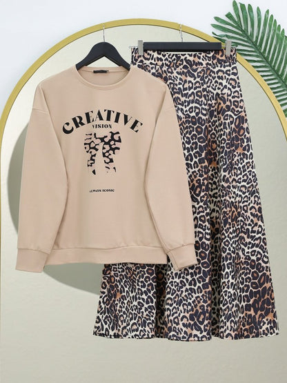 Yuvarlak Yaka Fiyonk Baskılı Leopar Etekli Takım -Bej