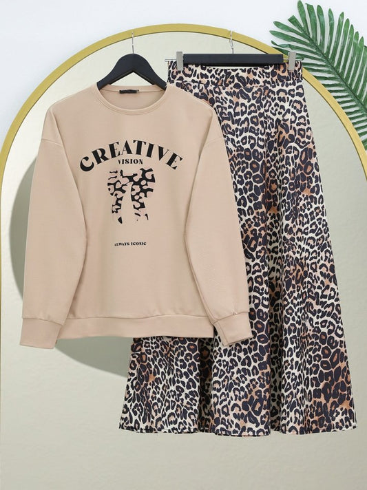 Yuvarlak Yaka Fiyonk Baskılı Leopar Etekli Takım -Bej