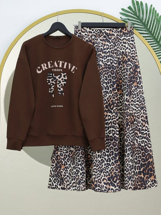 Yuvarlak Yaka Fiyonk Baskılı Leopar Etekli Takım -Kahve