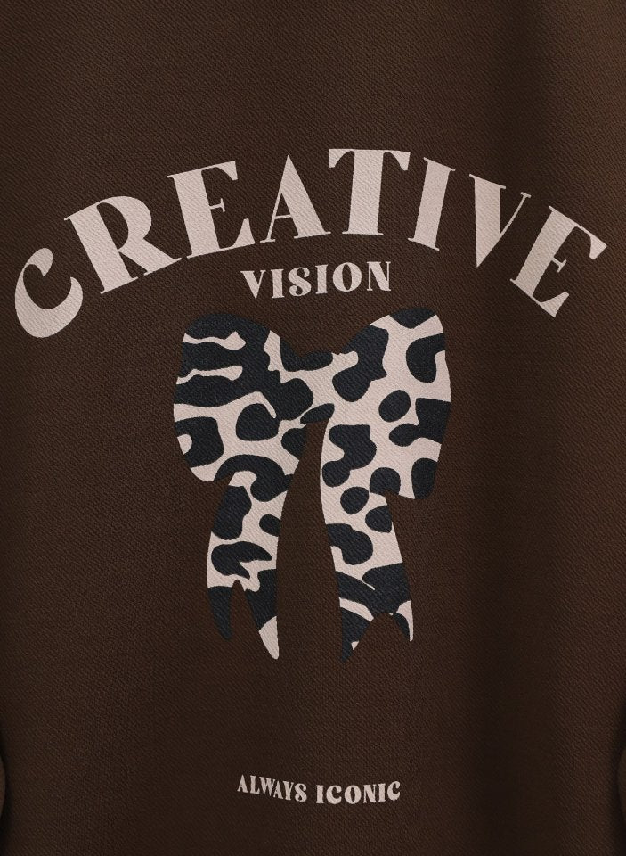 Yuvarlak Yaka Fiyonk Baskılı Leopar Etekli Takım -Kahve