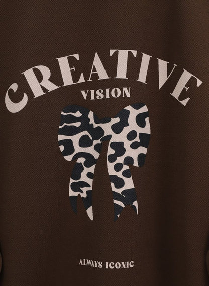 Yuvarlak Yaka Fiyonk Baskılı Leopar Etekli Takım -Kahve