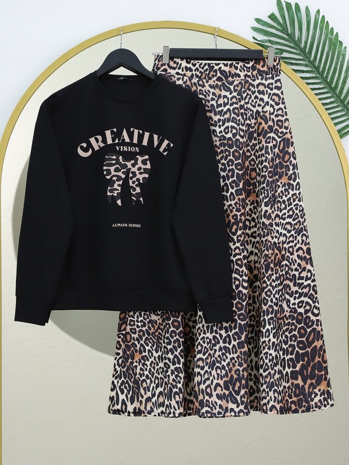 Yuvarlak Yaka Fiyonk Baskılı Leopar Etekli Takım -Siyah