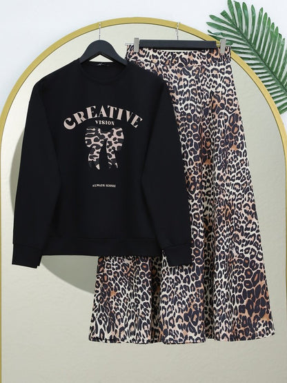 Yuvarlak Yaka Fiyonk Baskılı Leopar Etekli Takım -Siyah