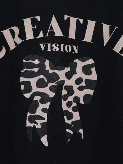 Yuvarlak Yaka Fiyonk Baskılı Leopar Etekli Takım -Siyah