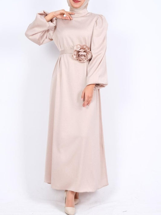 Balon Kol Kemerli Taşlı Saten Elbise  -Bej