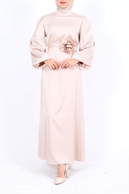 Balon Kol Kemerli Taşlı Saten Elbise  -Bej