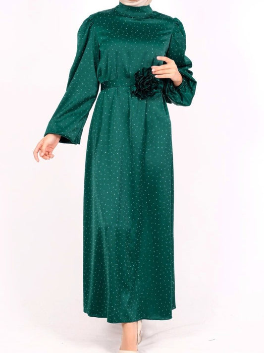 Balon Kol Kemerli Taşlı Saten Elbise  -Zümrüt