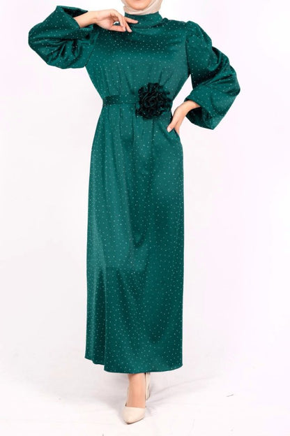 Balon Kol Kemerli Taşlı Saten Elbise  -Zümrüt