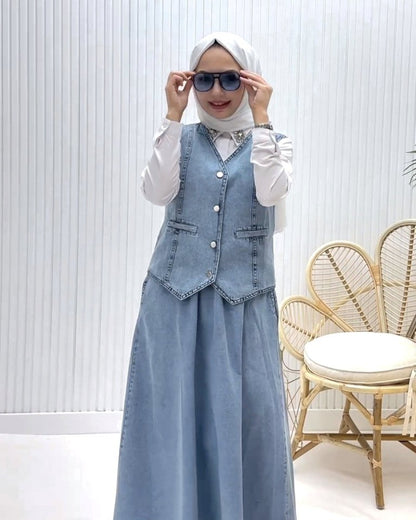 V Yaka Yelekli Etekli Kot Takım -Buz Mavi