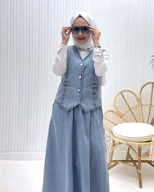 V Yaka Yelekli Etekli Kot Takım -Buz Mavi