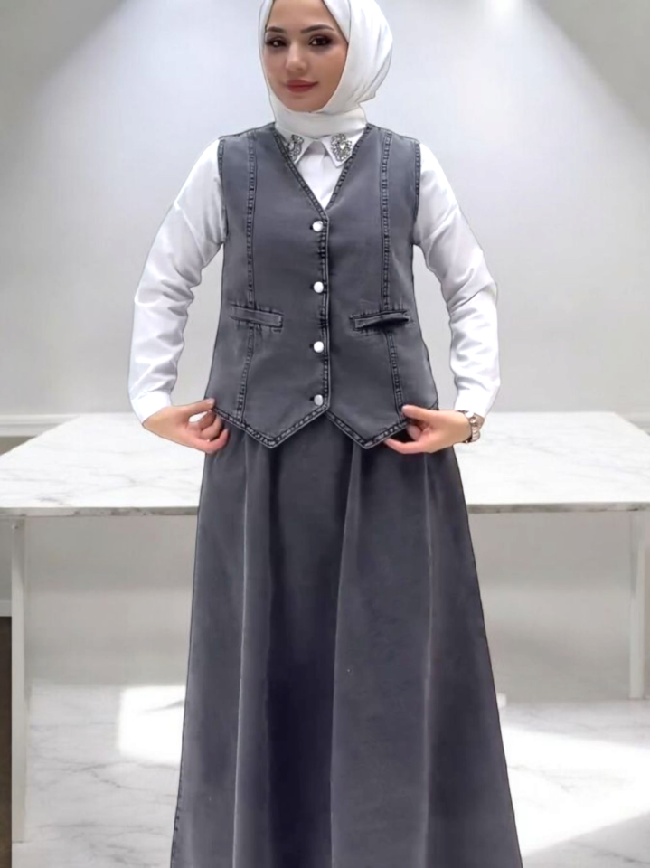 V Yaka Yelekli Etekli Kot Takım -Füme