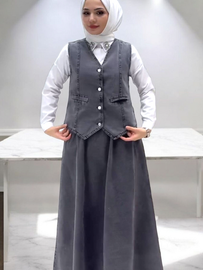 V Yaka Yelekli Etekli Kot Takım -Füme