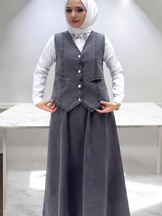 V Yaka Yelekli Etekli Kot Takım -Füme