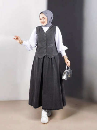 V Yaka Yelekli Etekli Kot Takım -Füme