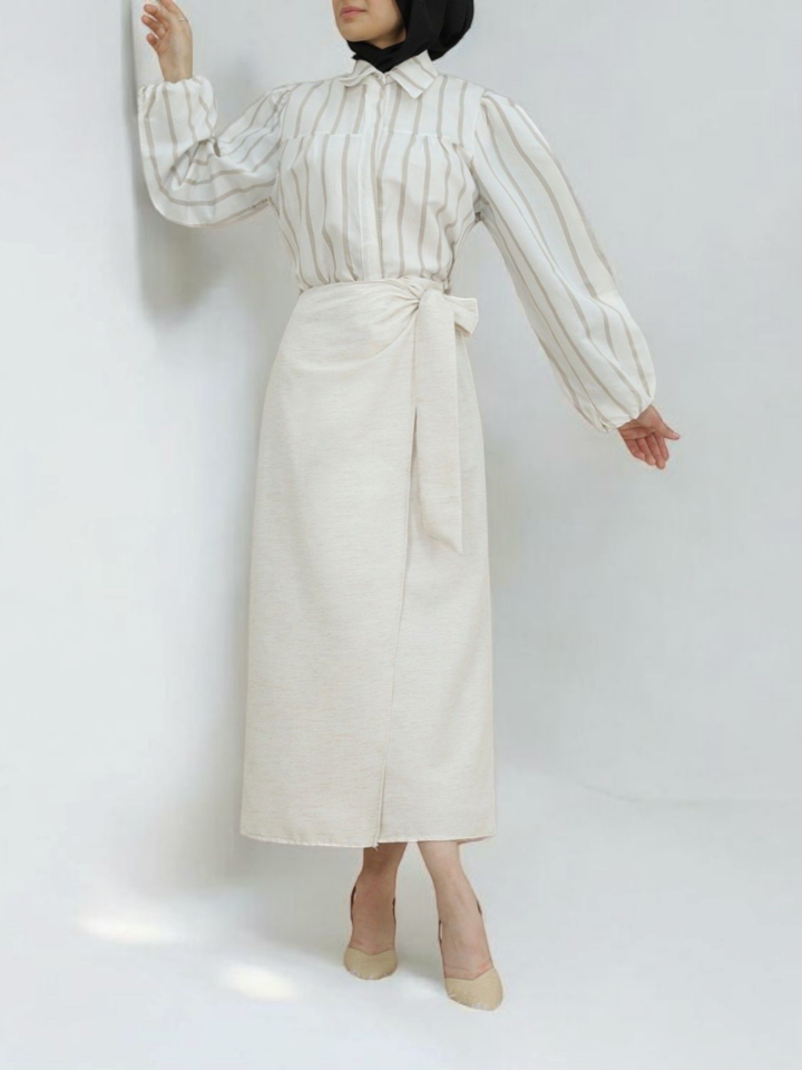 Yandan Bağlamalı Keten Etek -Bej