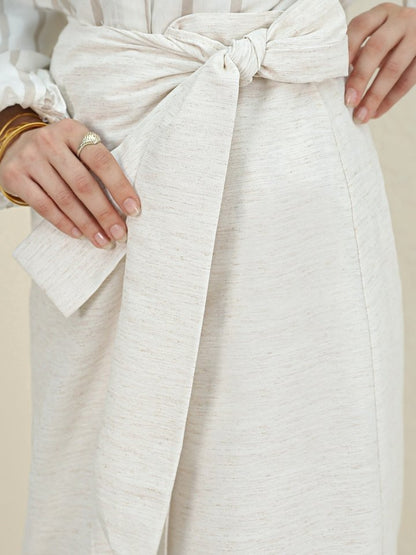 Yandan Bağlamalı Keten Etek -Bej