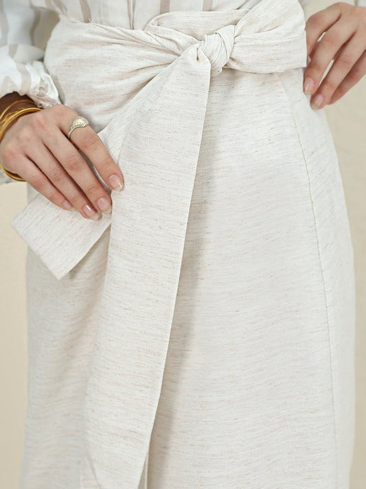 Yandan Bağlamalı Keten Etek -Bej