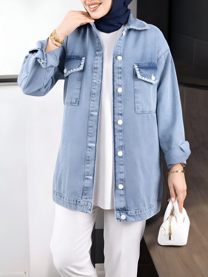 Kapaklı Cepli Puntolu Kot Ceket -Buz Mavi