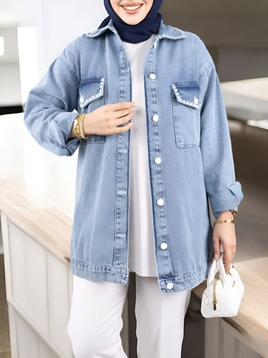 Kapaklı Cepli Puntolu Kot Ceket -Buz Mavi