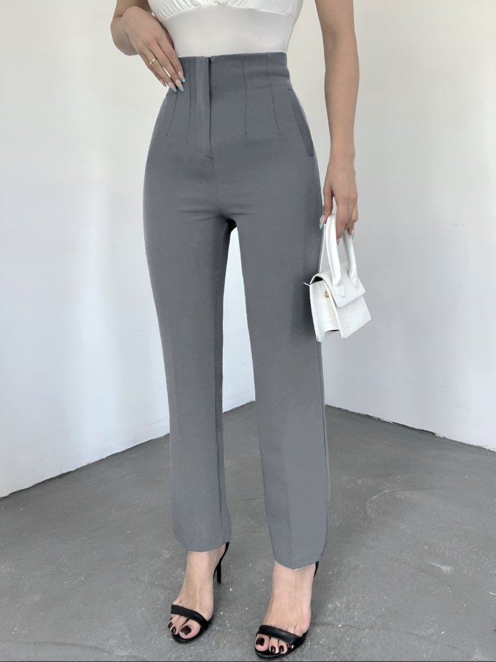 Cep Detaylı Yüksek Bel Pantolon -Gri