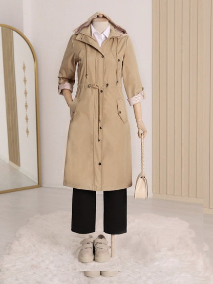 Astarı Çizgili Trençkot       -Açık Vizon