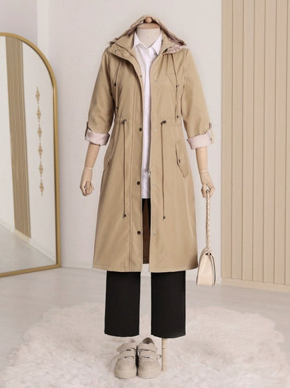 Astarı Çizgili Trençkot       -Açık Vizon