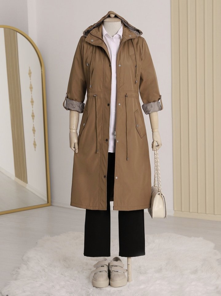 Astarı Çizgili Trençkot        -Taba