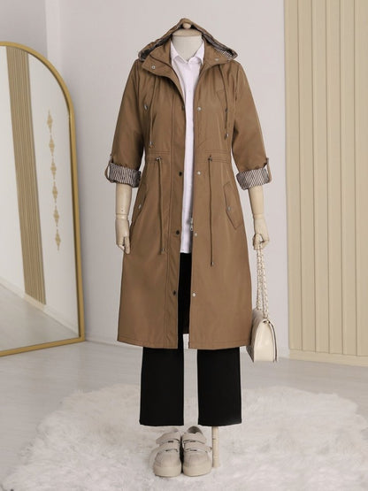 Astarı Çizgili Trençkot        -Taba