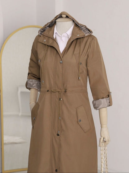 Astarı Çizgili Trençkot        -Taba