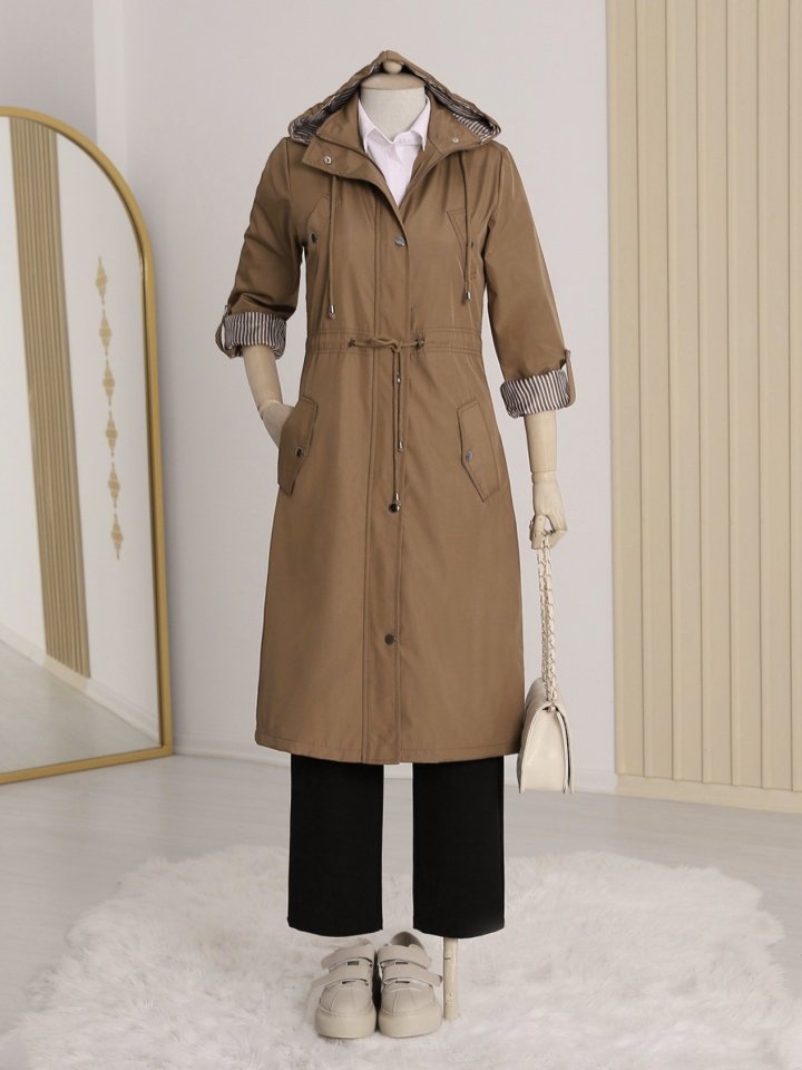 Astarı Çizgili Trençkot        -Taba