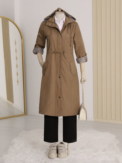 Astarı Çizgili Trençkot        -Taba