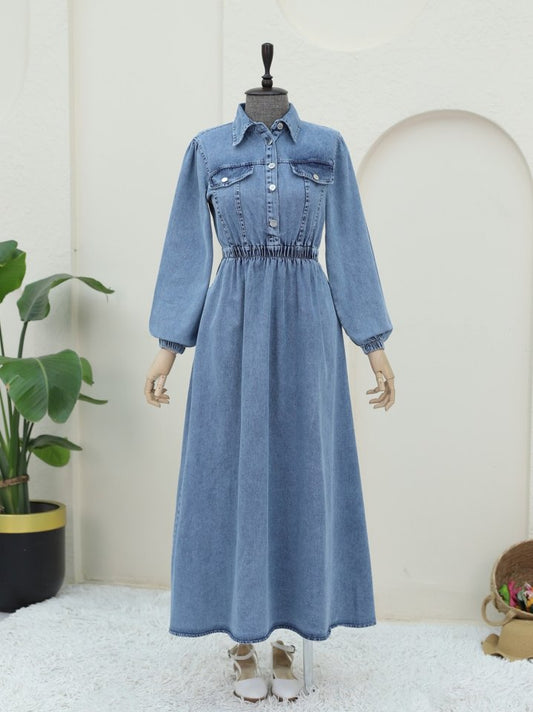 Beli Lastikli Yarım Düğmeli Kot Elbise -Buz Mavi