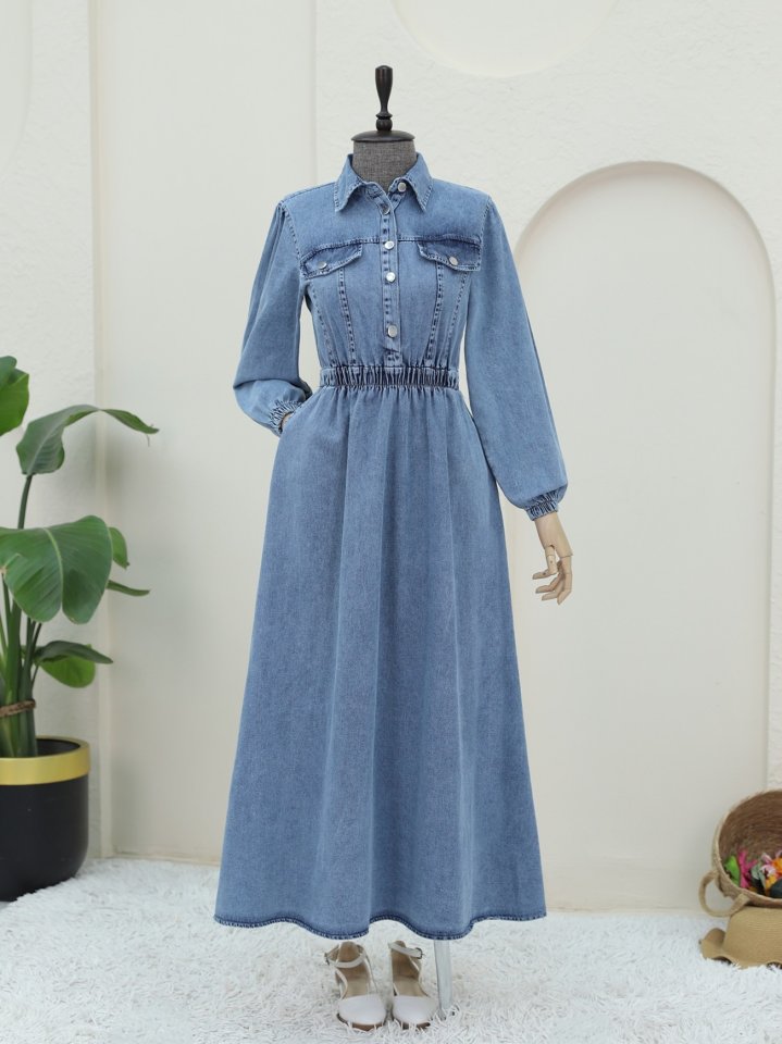 Beli Lastikli Yarım Düğmeli Kot Elbise -Buz Mavi