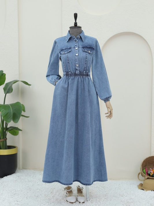 Beli Lastikli Yarım Düğmeli Kot Elbise -Buz Mavi