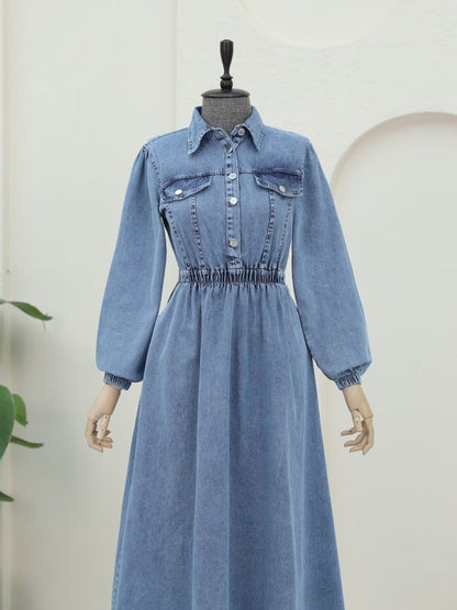 Beli Lastikli Yarım Düğmeli Kot Elbise -Buz Mavi