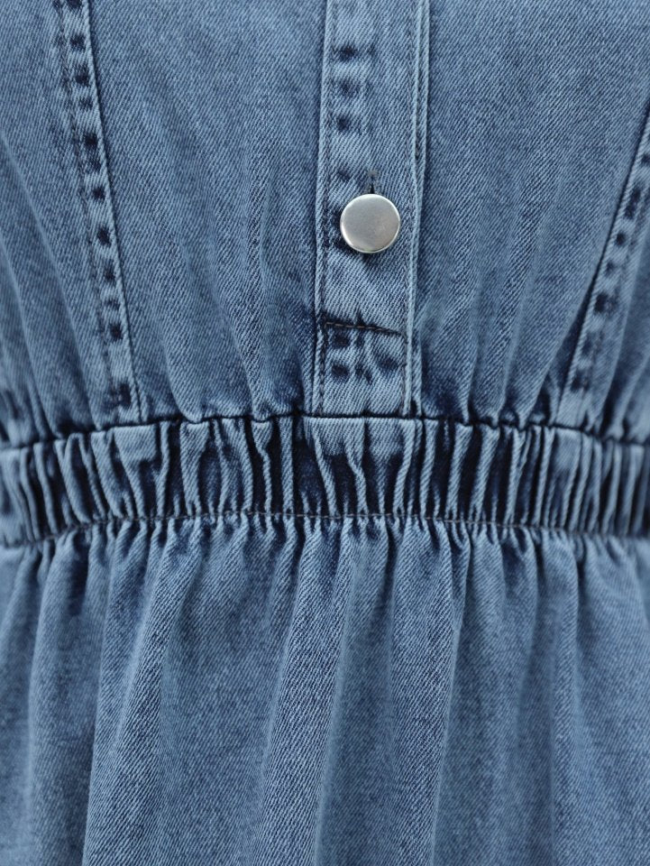 Beli Lastikli Yarım Düğmeli Kot Elbise -Buz Mavi