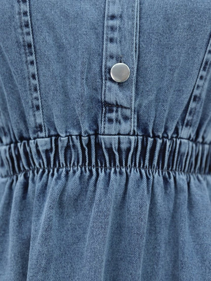 Beli Lastikli Yarım Düğmeli Kot Elbise -Buz Mavi