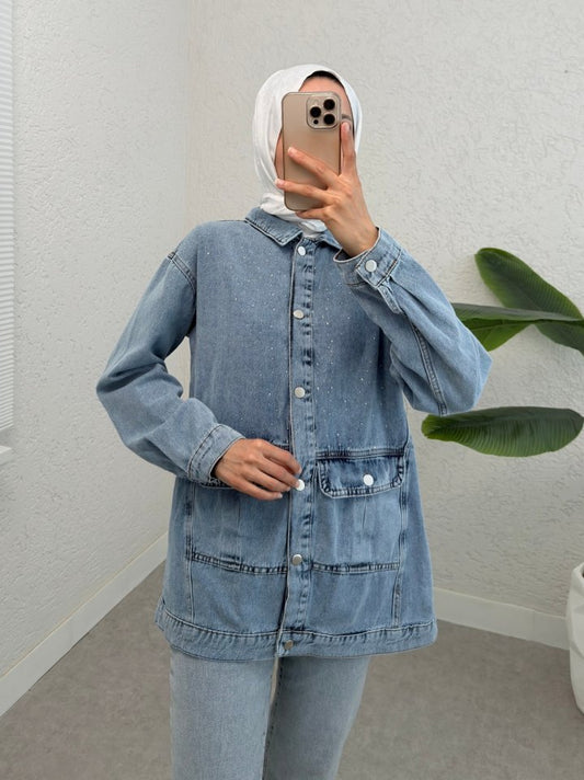Serpme Taş Detaylı Kapaklı Cepli Kot Ceket -Buz Mavi