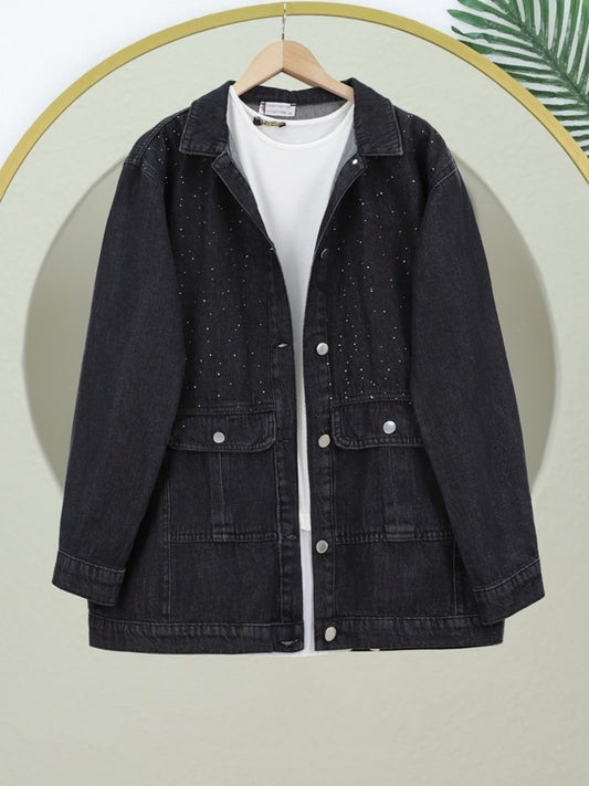 Serpme Taş Detaylı Kapaklı Cepli Kot Ceket -Siyah