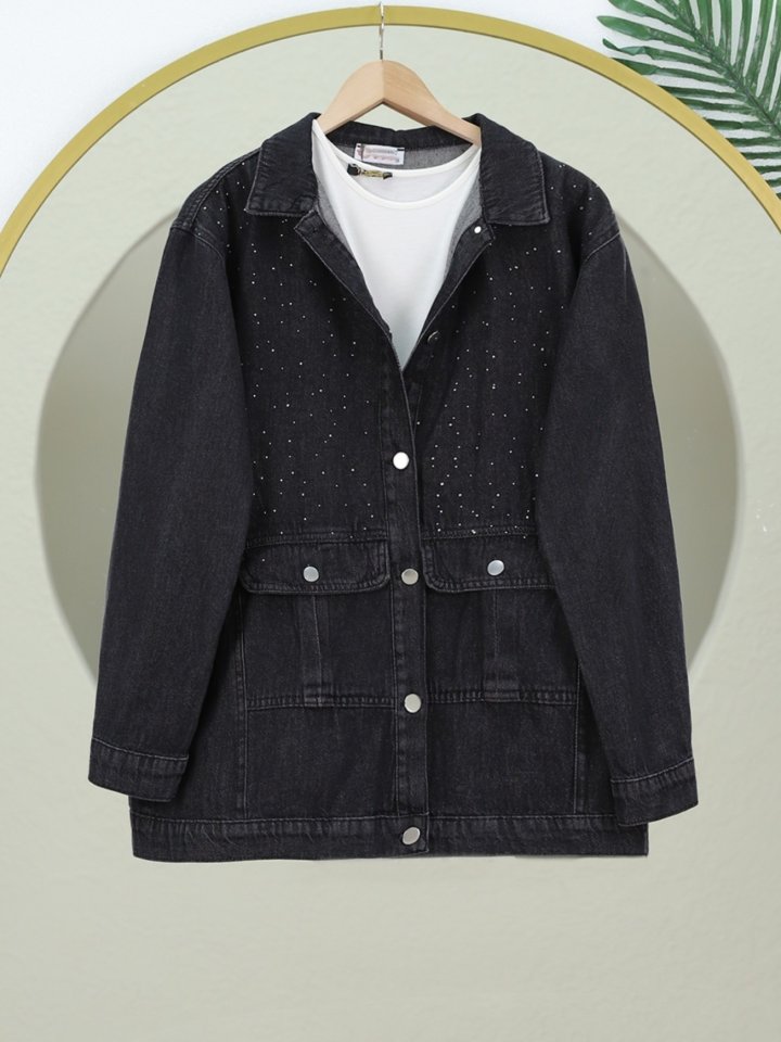 Serpme Taş Detaylı Kapaklı Cepli Kot Ceket -Siyah