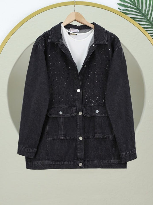 Serpme Taş Detaylı Kapaklı Cepli Kot Ceket -Siyah