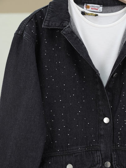 Serpme Taş Detaylı Kapaklı Cepli Kot Ceket -Siyah