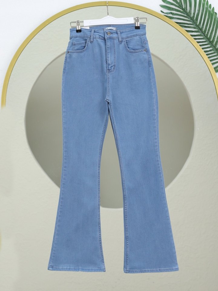 İspanyol Paça Yüksek Bel Kot Pantolon   -Açık Mavi