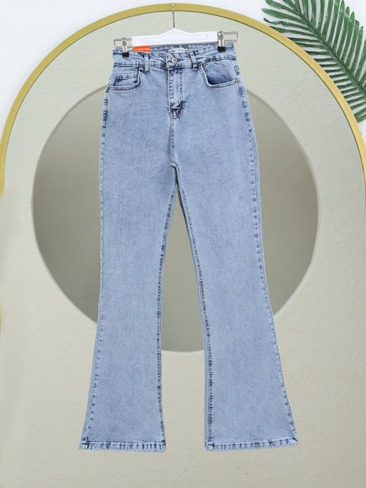 İspanyol Paça Yüksek Bel Kot Pantolon   -Buz Mavi