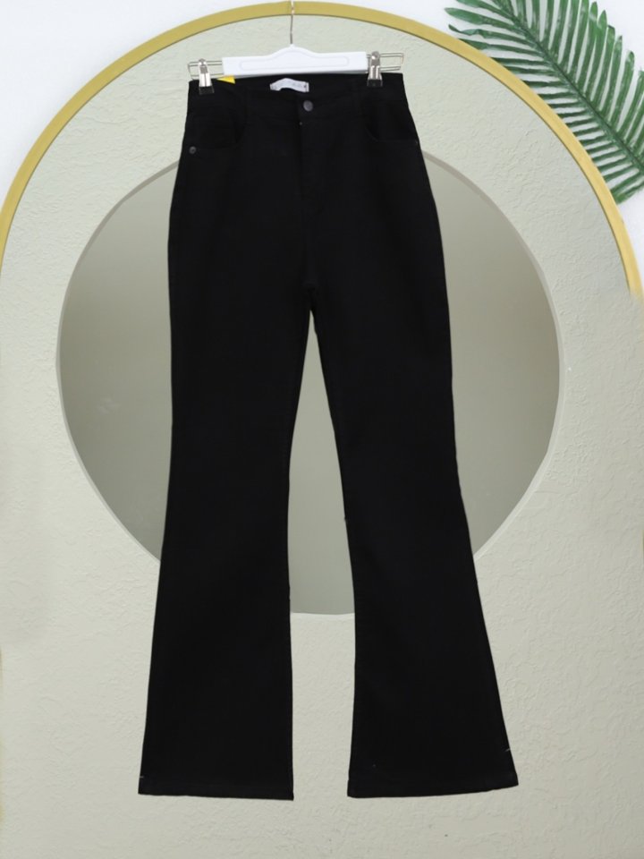 İspanyol Paça Yüksek Bel Kot Pantolon   -Siyah