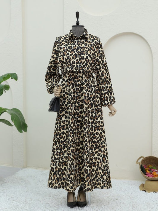 Üstü Gömlek Detaylı Leopar Desenli Elbise -Vizon