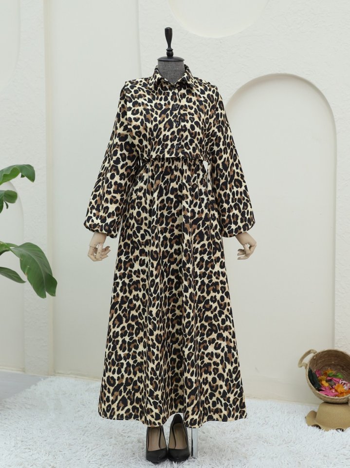 Üstü Gömlek Detaylı Leopar Desenli Elbise -Vizon