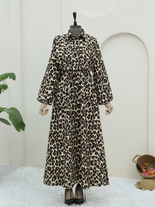 Üstü Gömlek Detaylı Leopar Desenli Elbise -Vizon