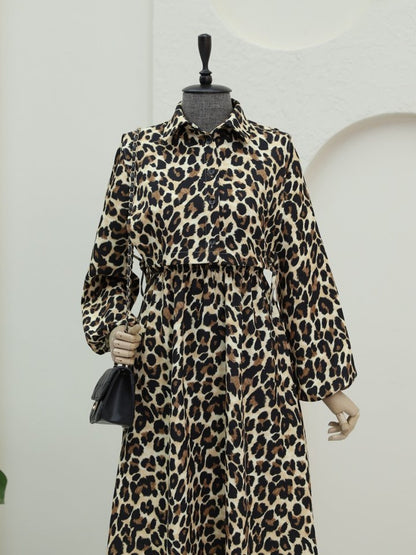 Üstü Gömlek Detaylı Leopar Desenli Elbise -Vizon