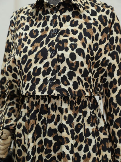 Üstü Gömlek Detaylı Leopar Desenli Elbise -Vizon
